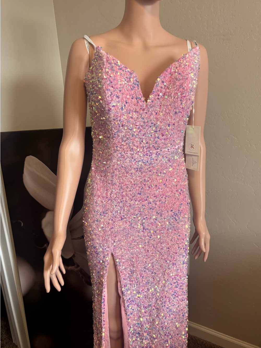 Portia and Scarlett Pink Sequin V-Neck Prom Gown with Slit